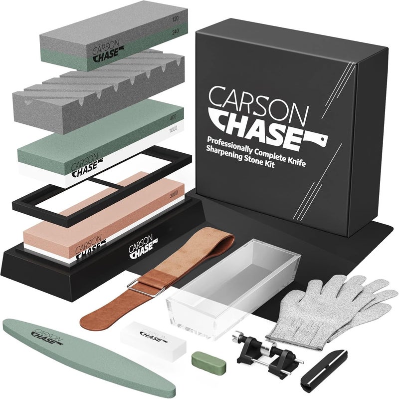 CarsonChase Professionally Complete Knife Sharpening Stone 15 Piece with Whetstone Bowl, Sharpener Kit for Knives, Premium 4 Side Grit Stones 400/1000 3000/8000, Honing Guide, Flattening Set, Holder, Gloves, Mat - Image 1